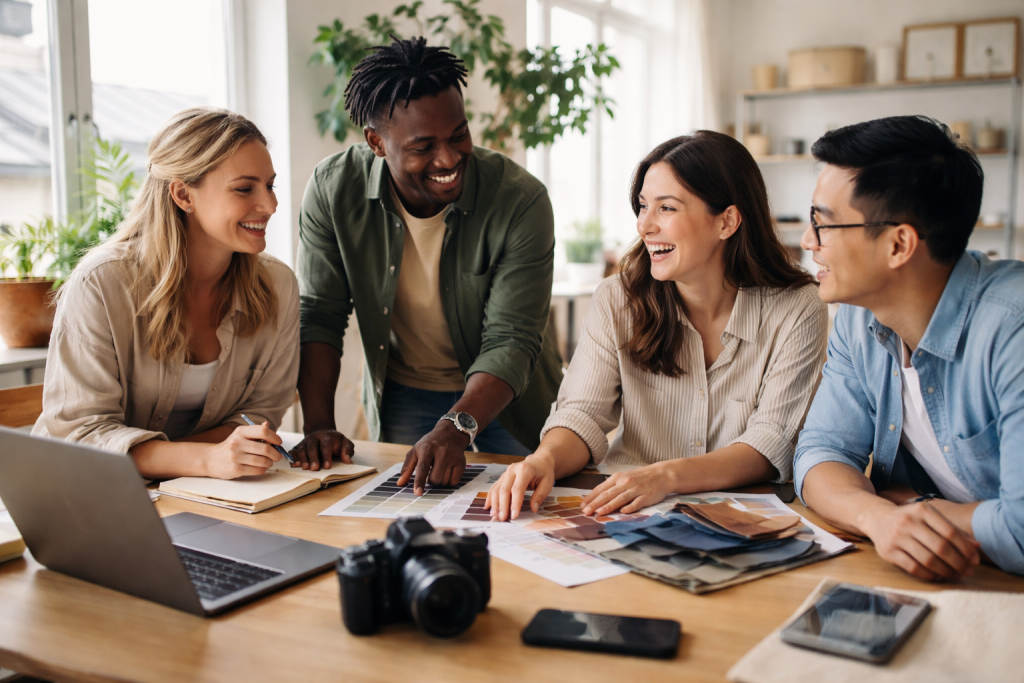 [light] Til ‘om os’: et lille team i et kreativt miljø, hvor der samarbejdes om indhold og trend-research (autentisk og uden opstillede smil).