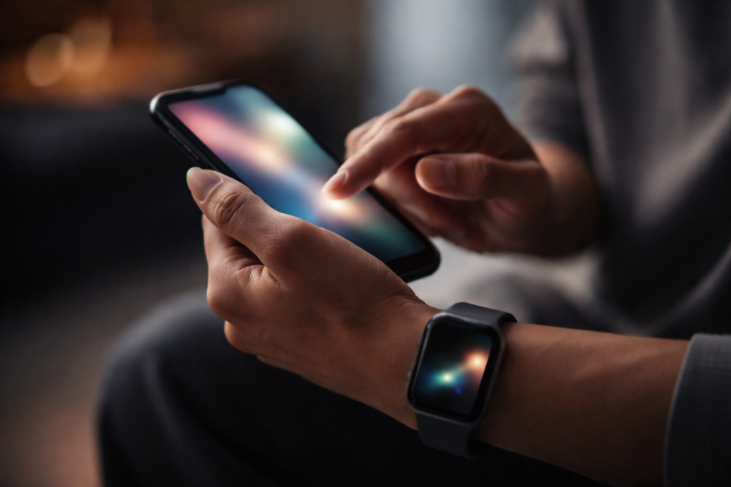 [dark] Detaljebillede: close-up af hænder og tech i brug (scroll/valg), som understøtter ‘hvad trender nu’ og digital adfærd.