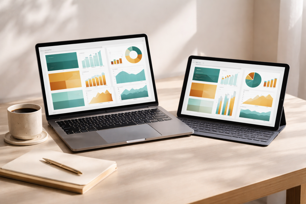 [light] Servicebillede #1 (trend-overblik): en ren, moderne scene med devices og grafiske former, der antyder data og overblik uden læsbar tekst.