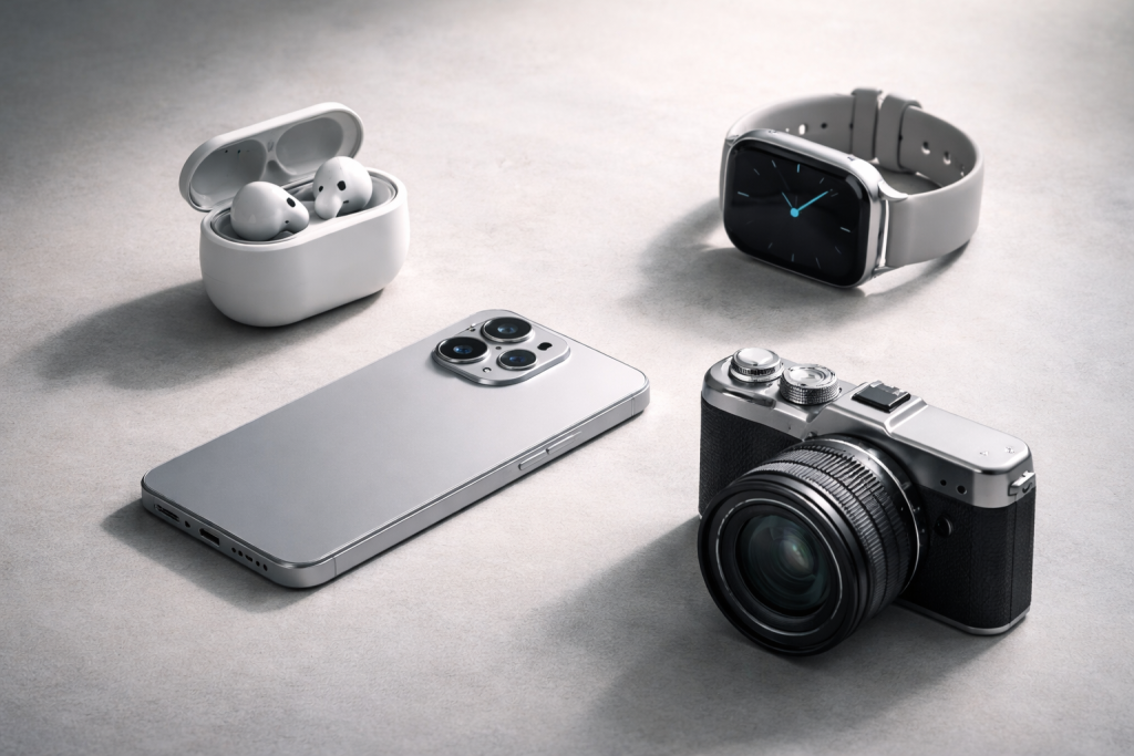 [light] Servicebillede #3 (produkt- og gadgettrends): et kurateret, premium still life med moderne gadgets og materialer i en nordisk farvepalette.